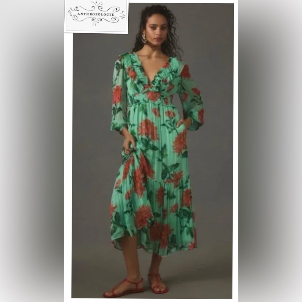 Anthropologie Green Floral Dress